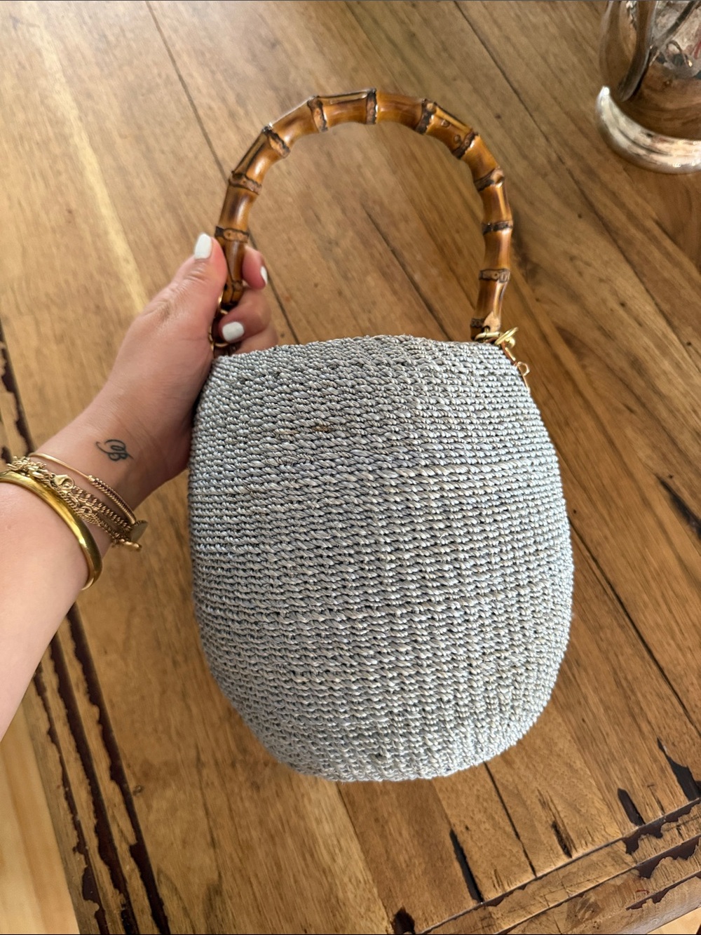 Clare V pot de miel with bamboo handle- color is light grey/blue